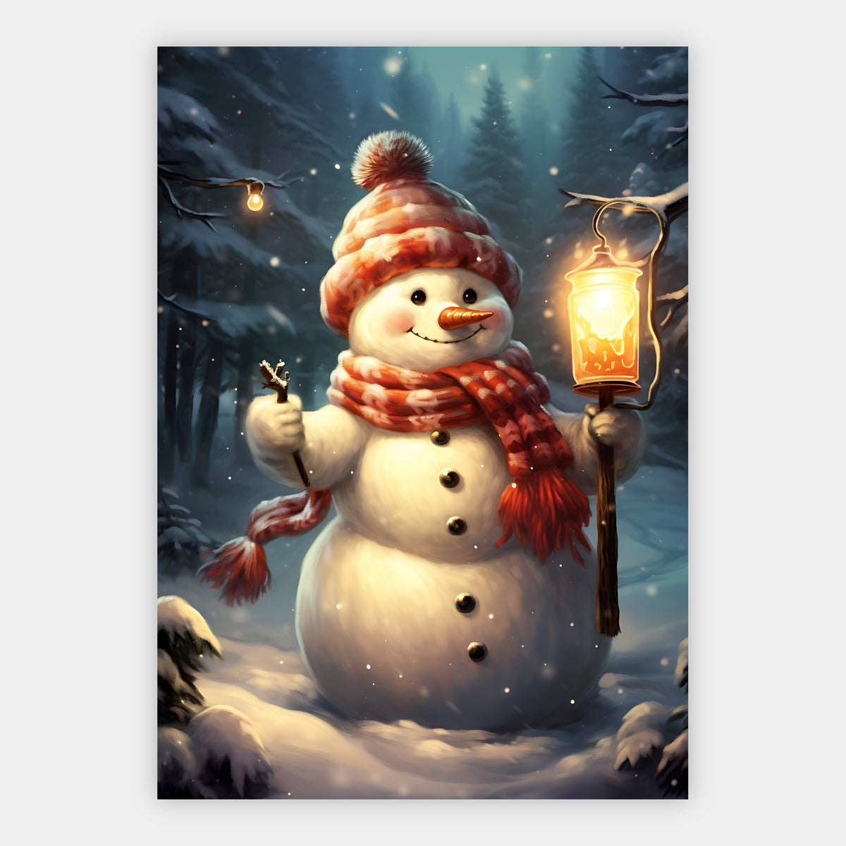 Schneemann mit Laterne und Rabe Poster – Freisteller