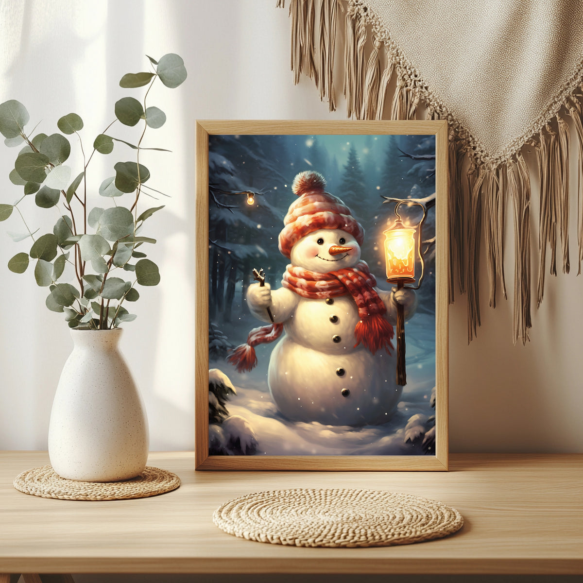 Schneemann mit Laterne und Rabe Poster – Raumansicht 3