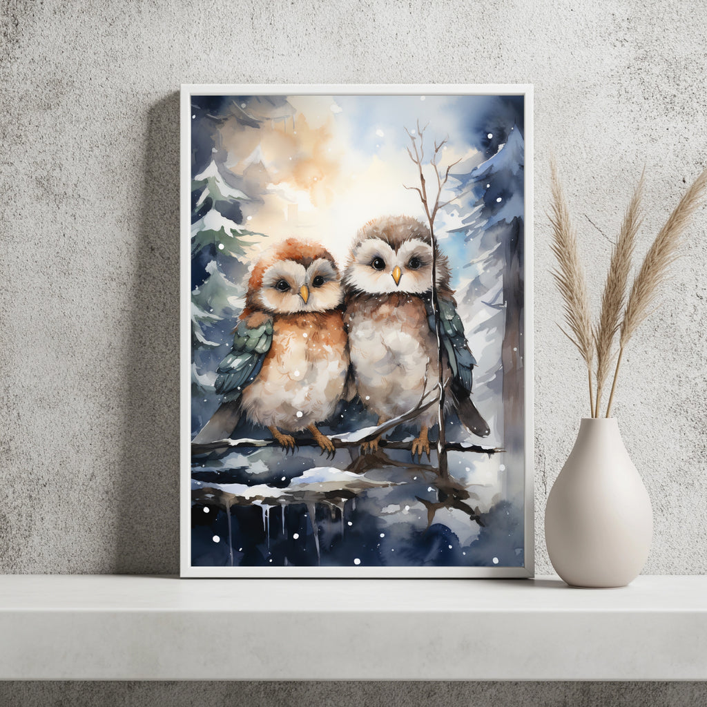 Zwei junge Eulen im Schnee Poster – Raumansicht 2