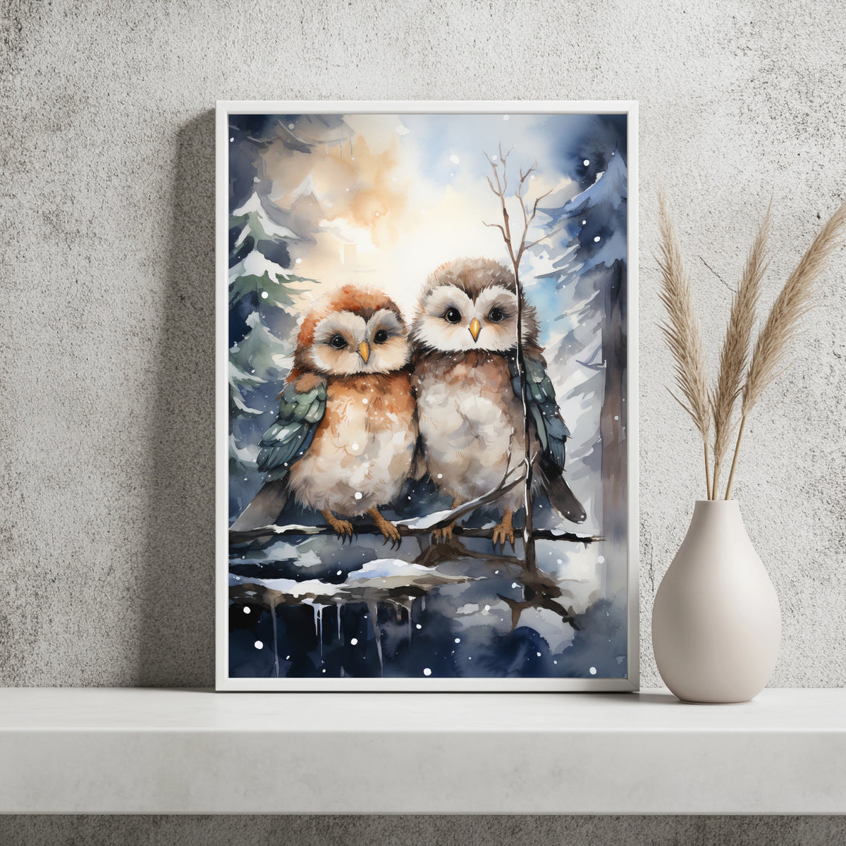 Zwei junge Eulen im Schnee Poster – Raumansicht 2