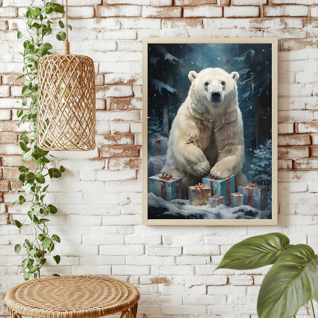 Eisbär mit Weihnachtsgeschenken Poster – Raumansicht 1