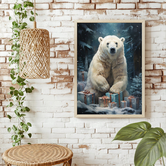 Eisbär mit Weihnachtsgeschenken Poster – Raumansicht 1
