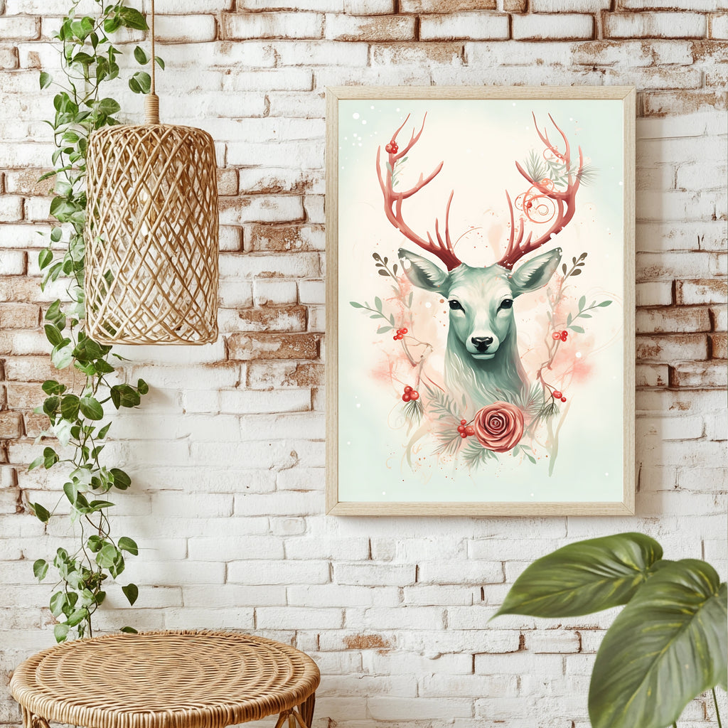 Weißer Hirsch mit Blütengeweih Poster – Raumansicht 1