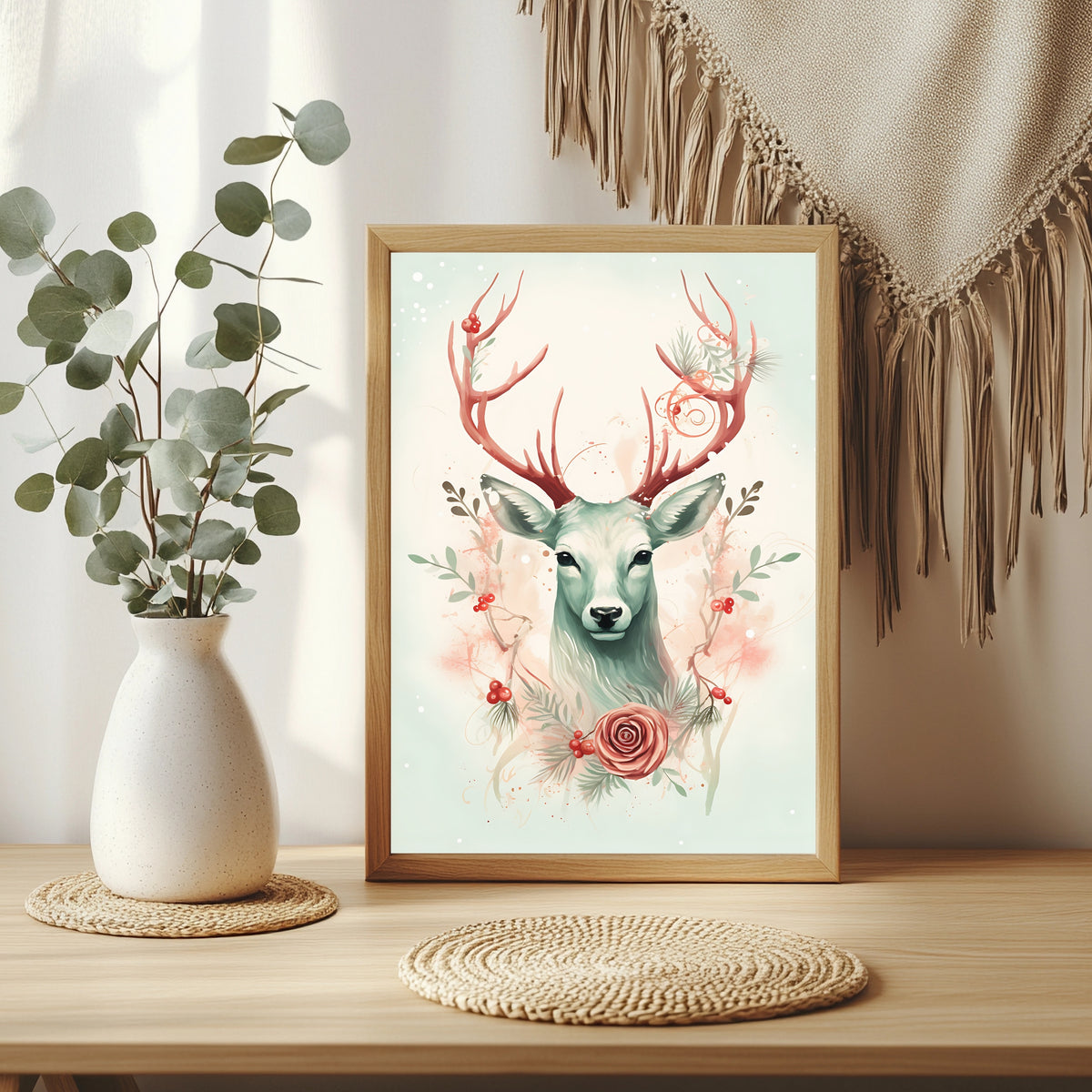 Weißer Hirsch mit Blütengeweih Poster – Raumansicht 3