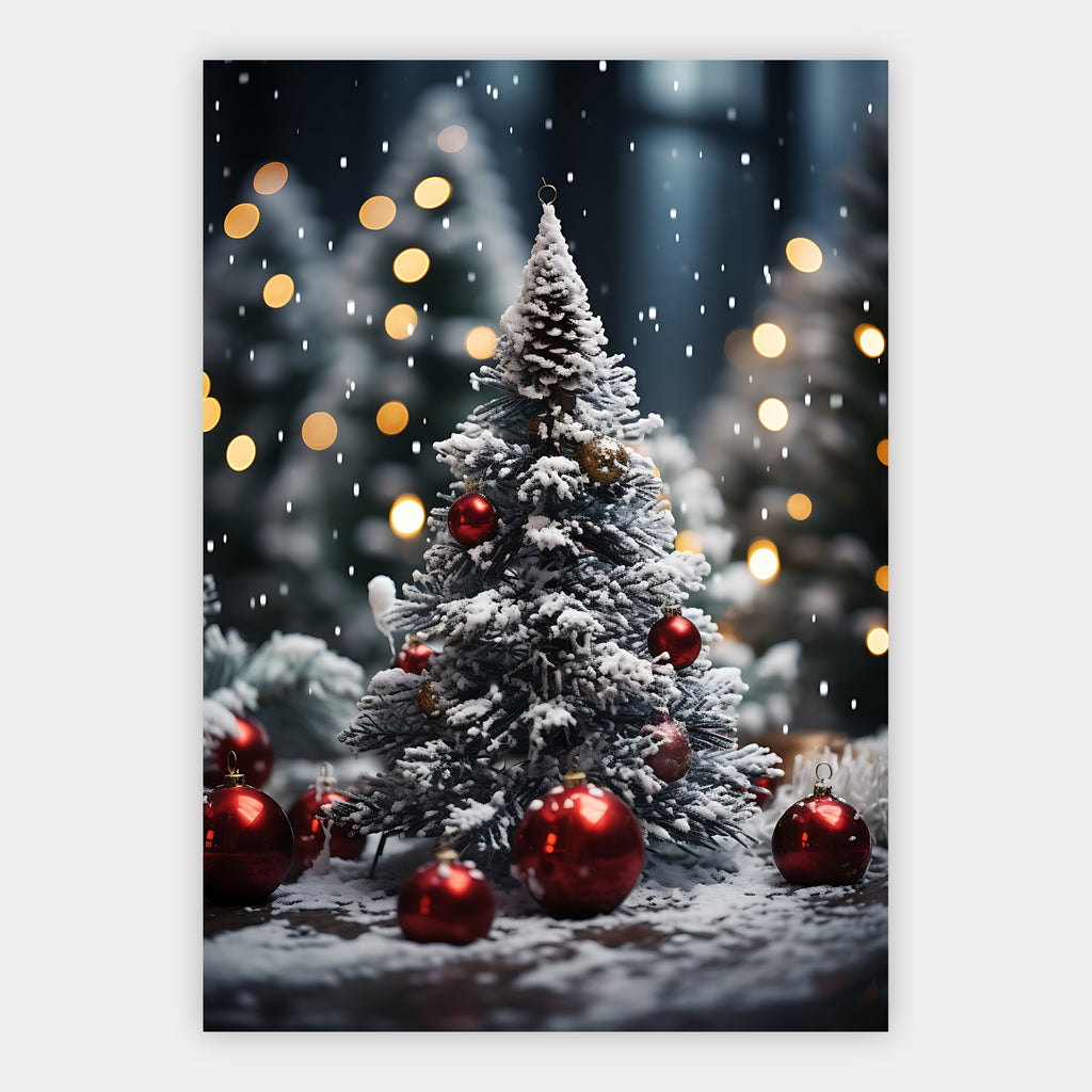 Weihnachtsbaum mit roten Kugeln im Schnee Poster – Freisteller