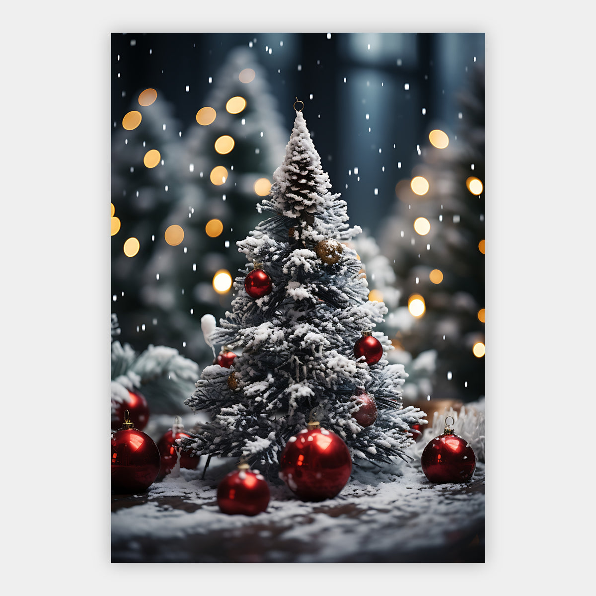 Weihnachtsbaum mit roten Kugeln im Schnee Poster – Freisteller