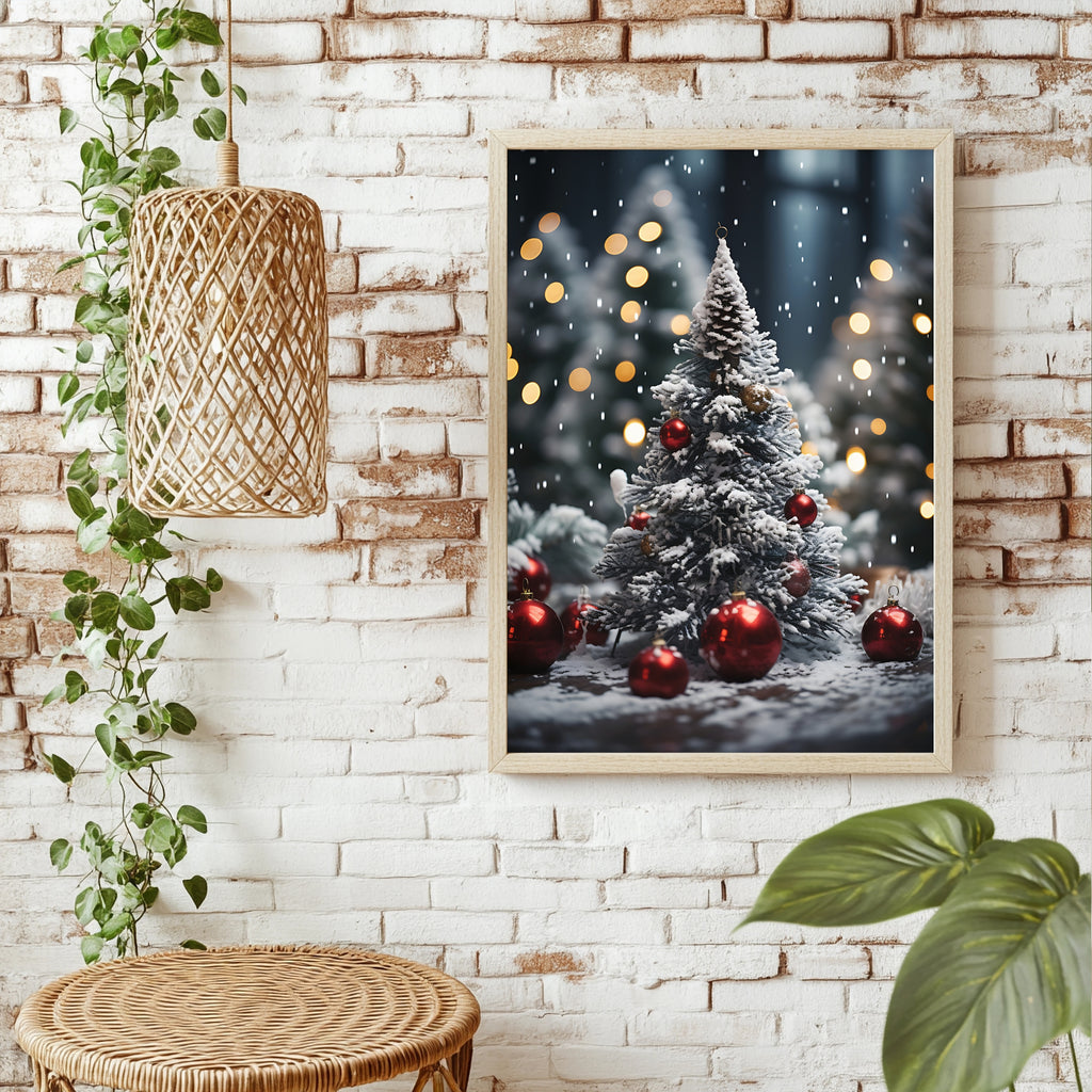 Weihnachtsbaum mit roten Kugeln im Schnee Poster – Raumansicht 1