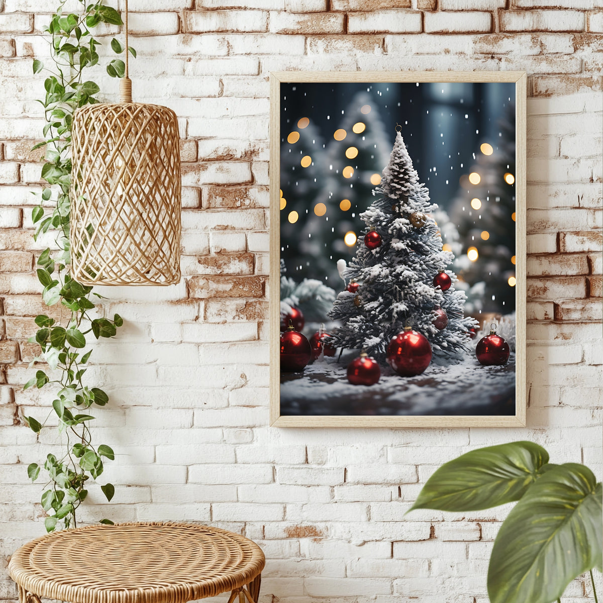 Weihnachtsbaum mit roten Kugeln im Schnee Poster – Raumansicht 1