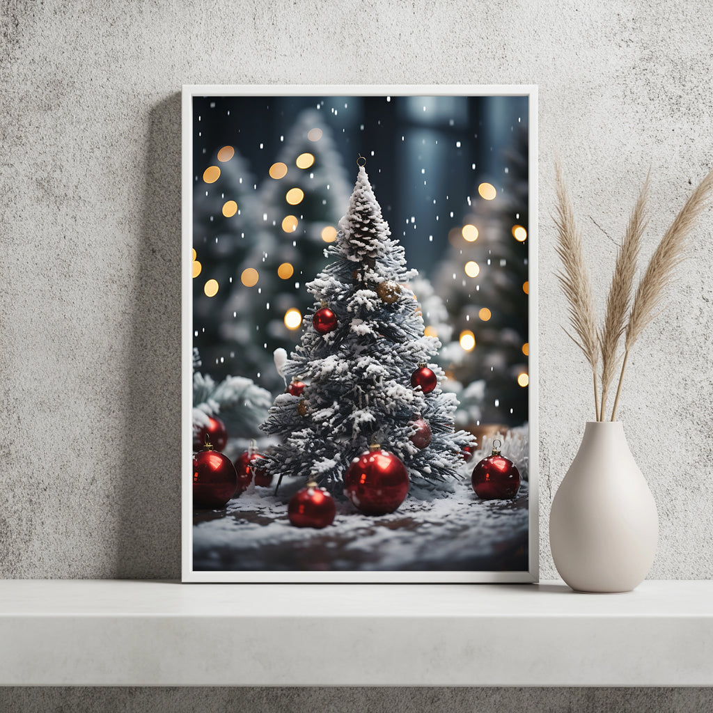 Weihnachtsbaum mit roten Kugeln im Schnee Poster – Raumansicht 2