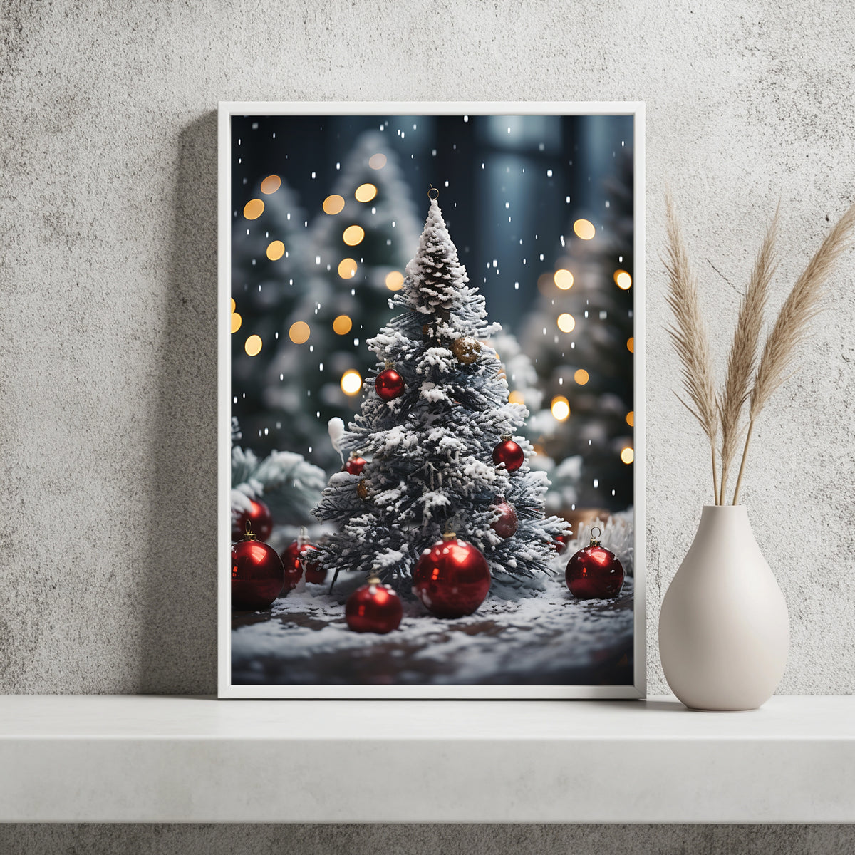 Weihnachtsbaum mit roten Kugeln im Schnee Poster – Raumansicht 2