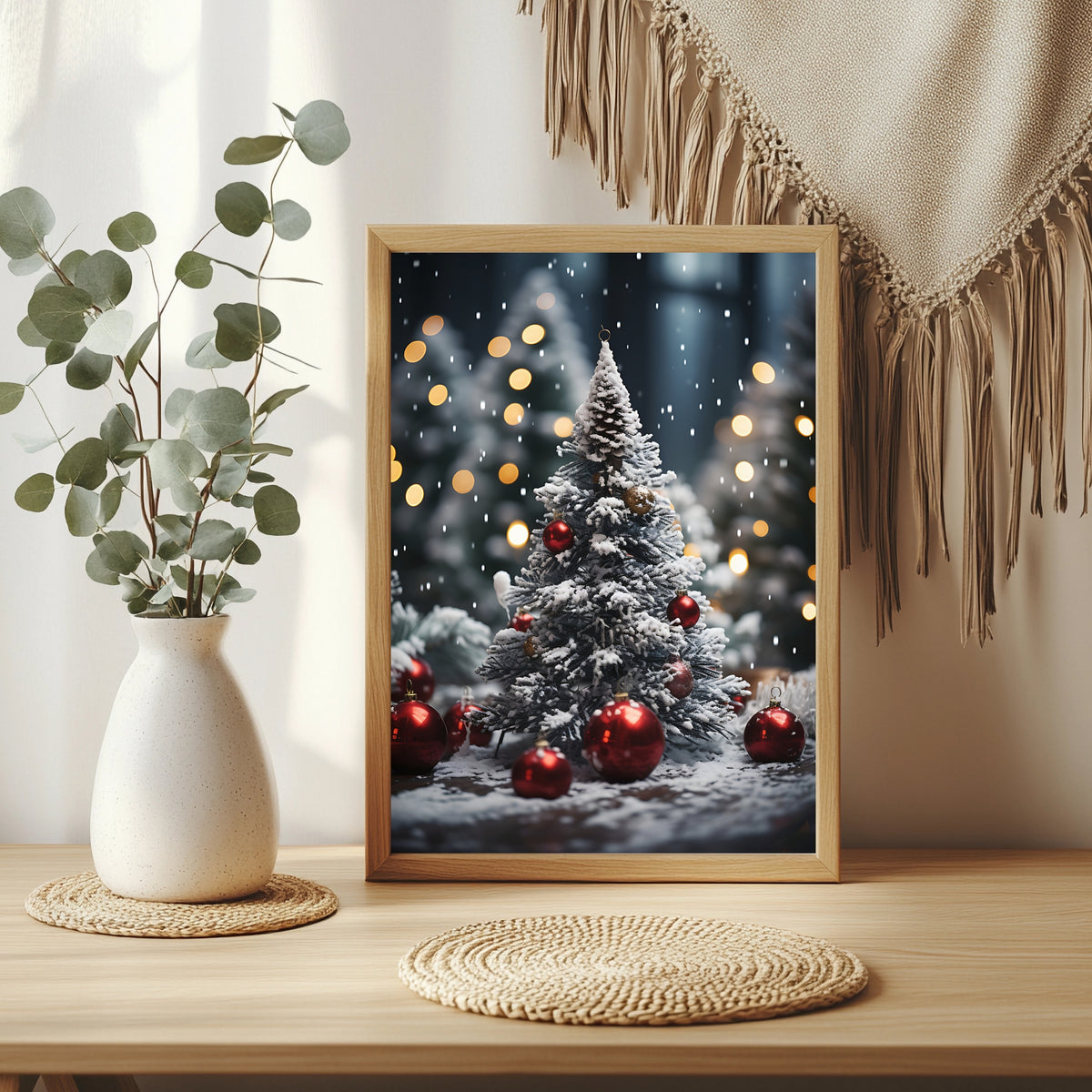 Weihnachtsbaum mit roten Kugeln im Schnee Poster – Raumansicht 3