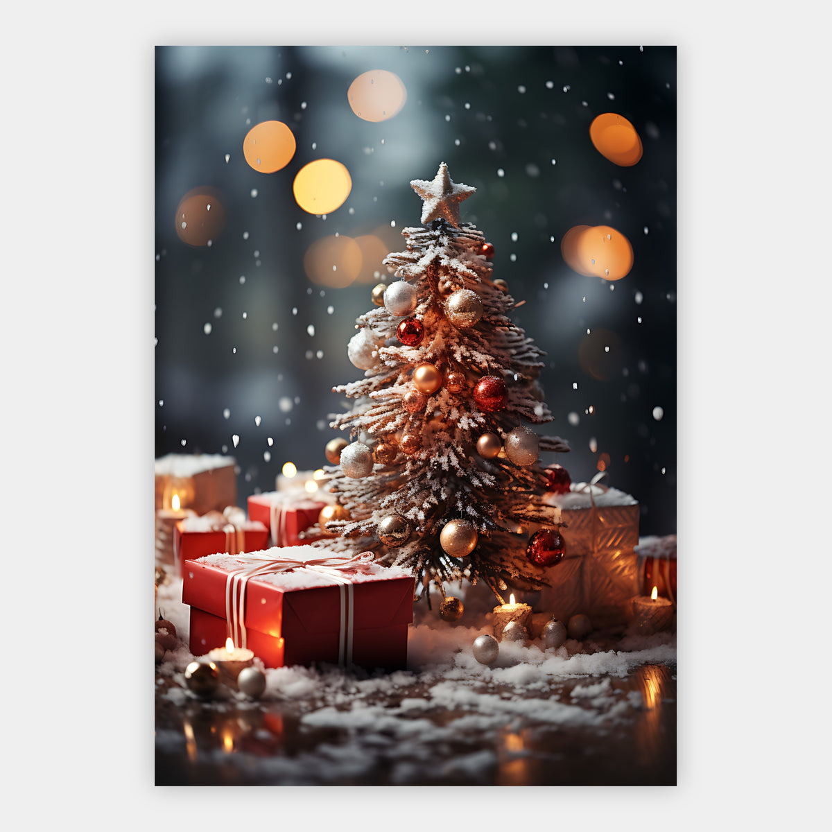 Weihnachtsbaum zwischen Geschenken und Kerzen Poster – Freisteller