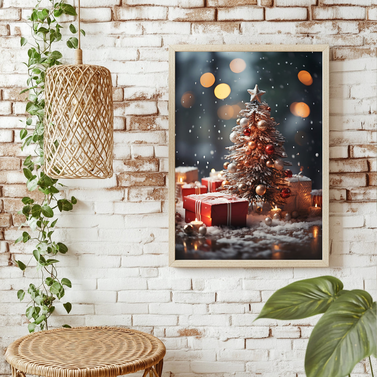 Weihnachtsbaum zwischen Geschenken und Kerzen Poster – Raumansicht 1