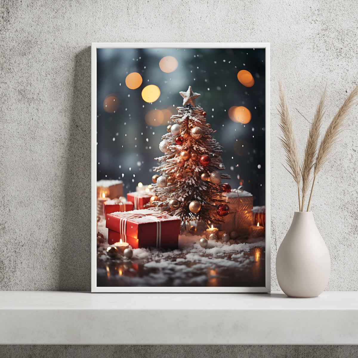 Weihnachtsbaum zwischen Geschenken und Kerzen Poster – Raumansicht 2