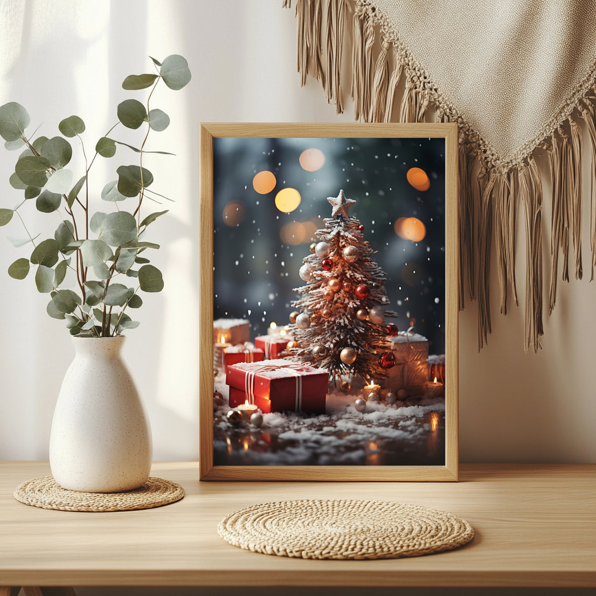 Weihnachtsbaum zwischen Geschenken und Kerzen Poster – Raumansicht 3