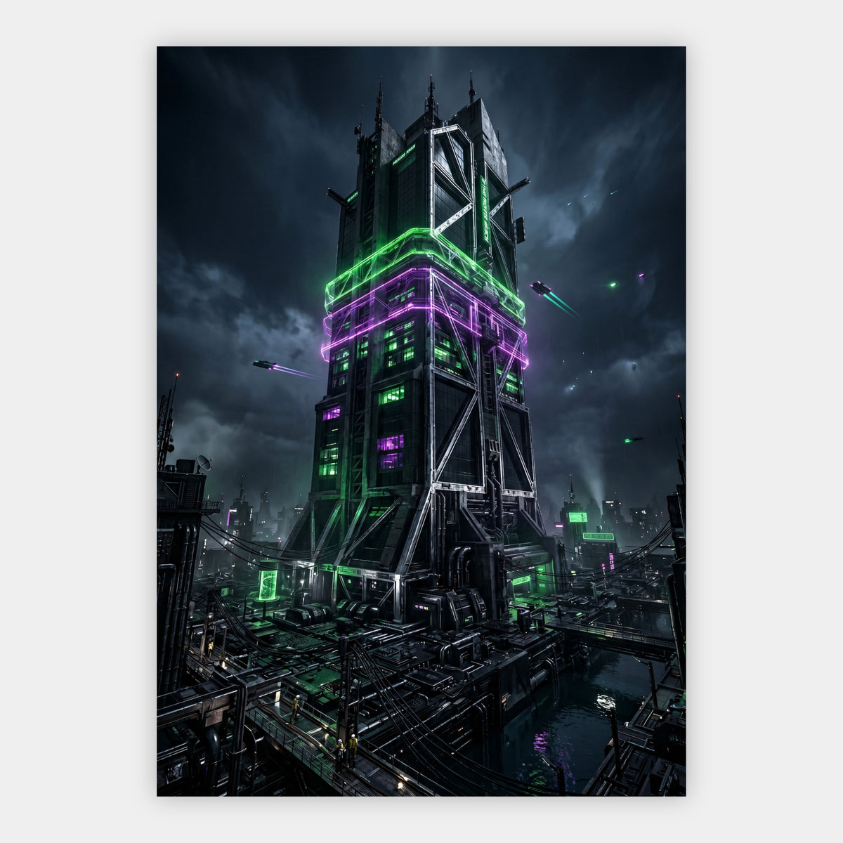 Cyber-Turm in der Gewitternacht Poster – Freisteller