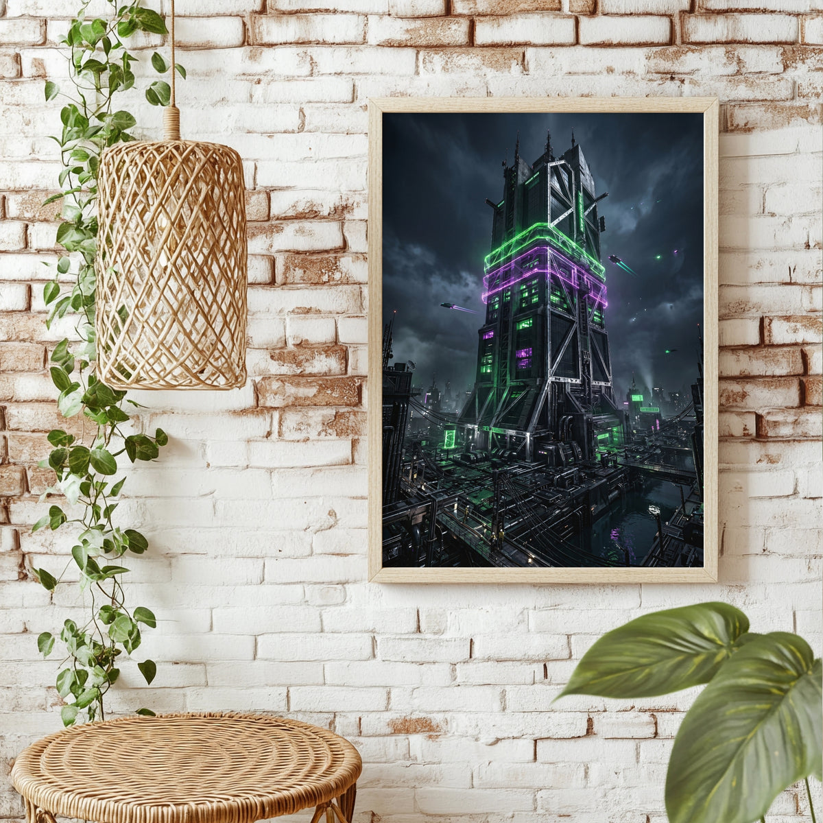 Cyber-Turm in der Gewitternacht Poster – Raumansicht 1