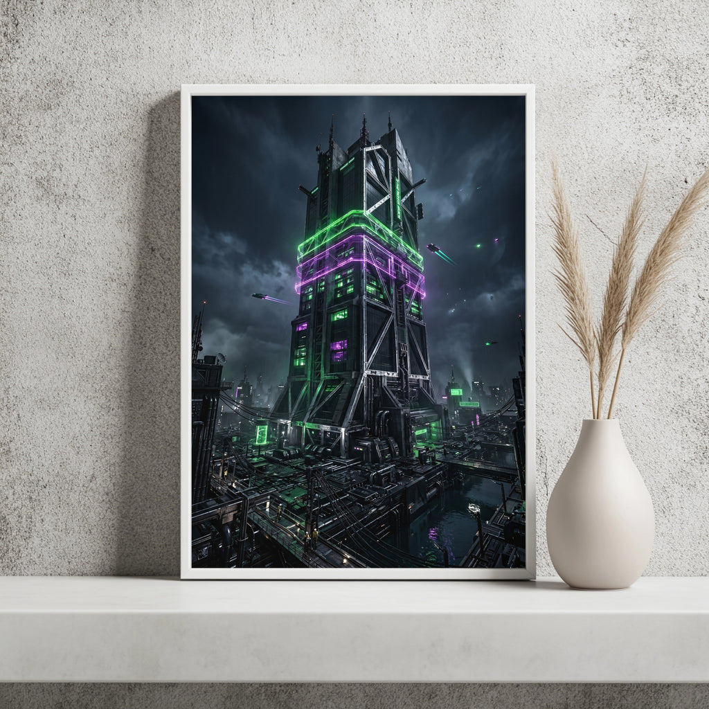 Cyber-Turm in der Gewitternacht Poster – Raumansicht 2