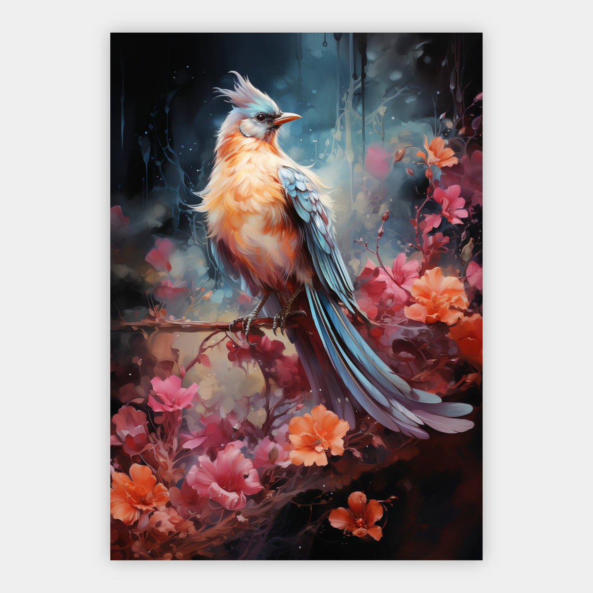 Bunter Vogel zwischen Blüten Poster – Freisteller
