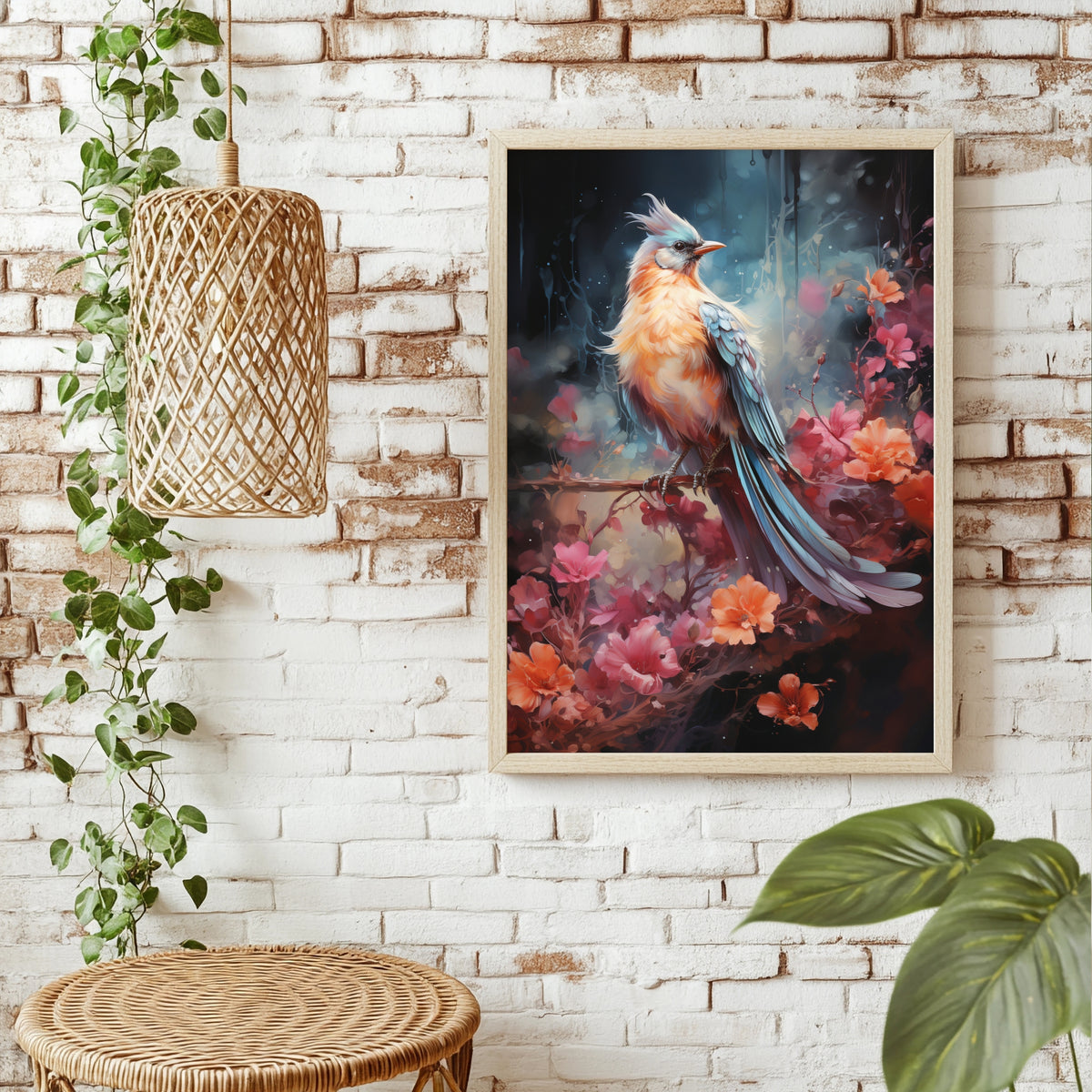 Bunter Vogel zwischen Blüten Poster – Raumansicht 1