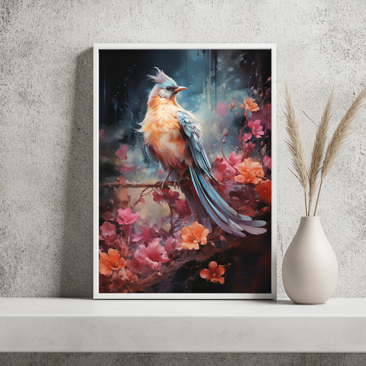 Bunter Vogel zwischen Blüten Poster – Raumansicht 2
