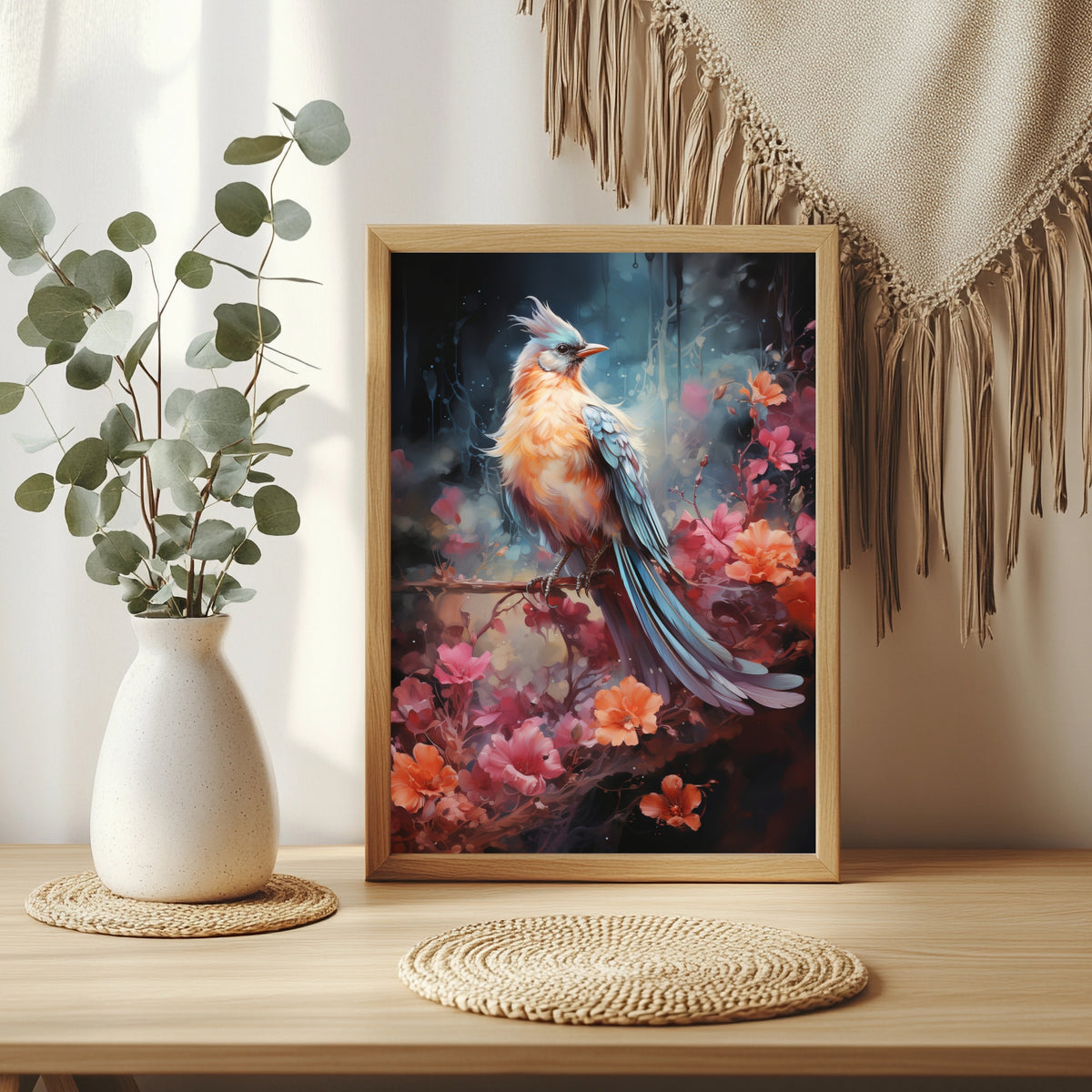 Bunter Vogel zwischen Blüten Poster – Raumansicht 3