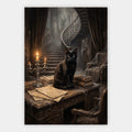 Schwarze Katze in der alten Bibliothek Poster – Freisteller