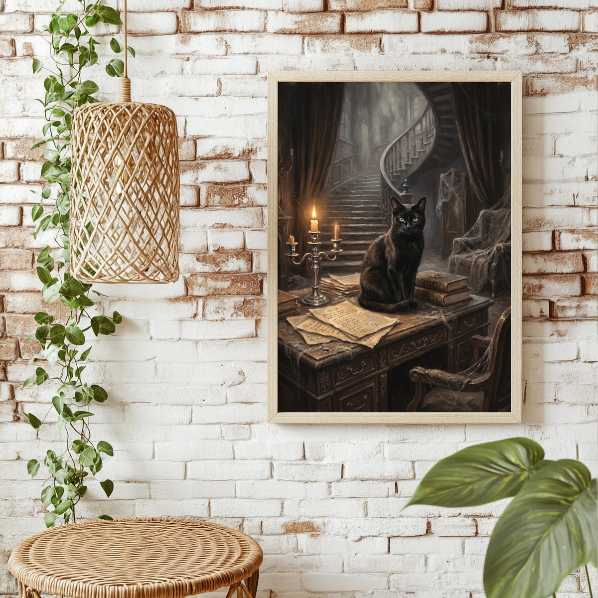 Schwarze Katze in der alten Bibliothek Poster – Raumansicht 1