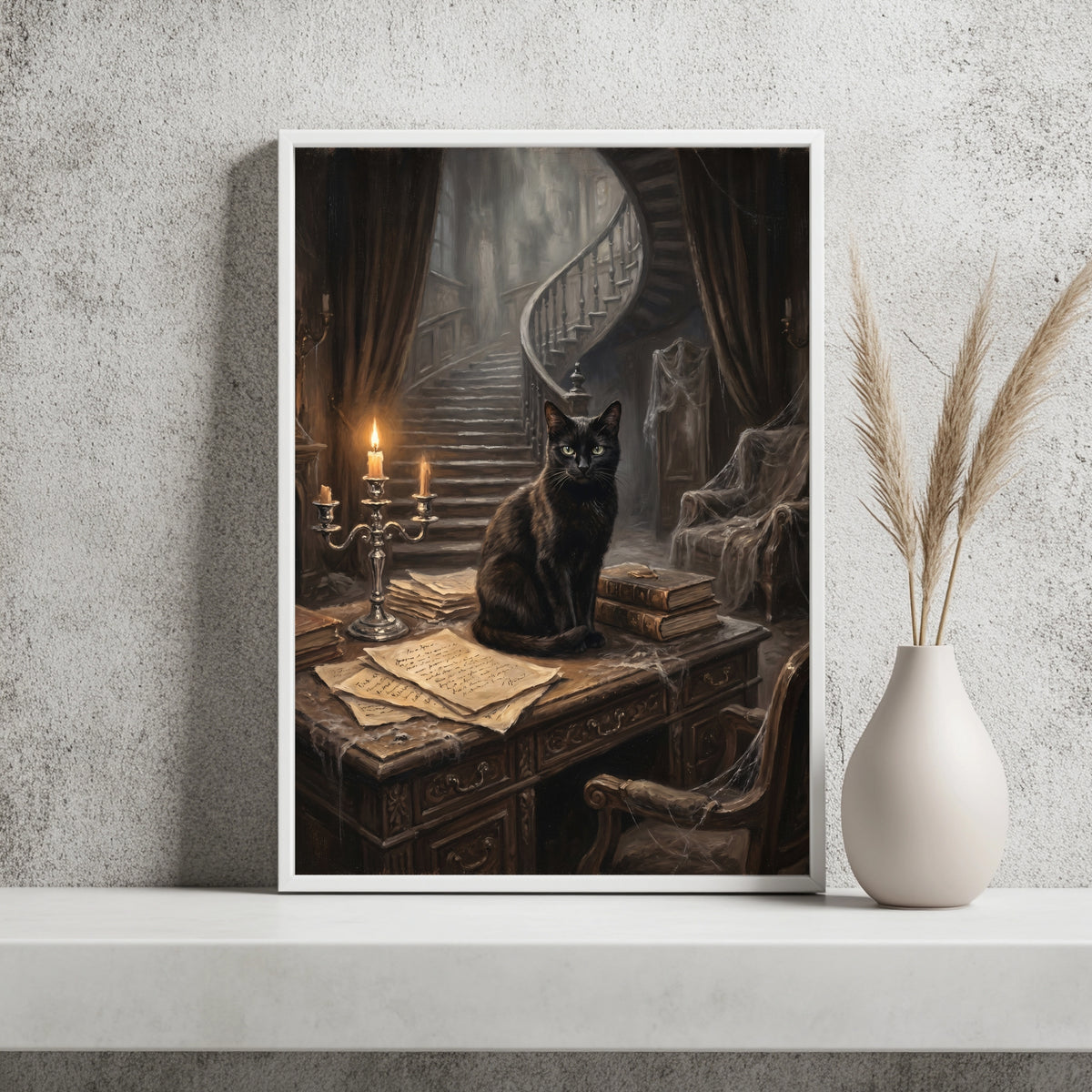 Schwarze Katze in der alten Bibliothek Poster – Raumansicht 2
