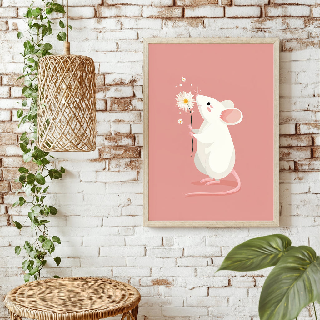 Weiße Maus mit Gänseblümchen Poster – Raumansicht 1