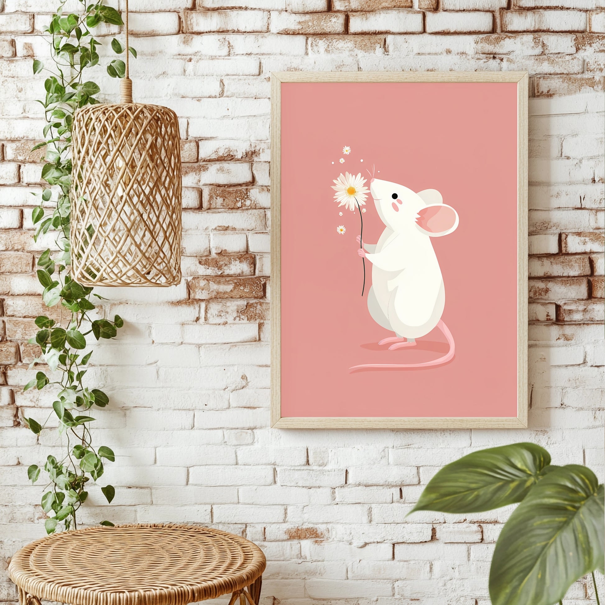 Weiße Maus mit Gänseblümchen Poster – Raumansicht 1