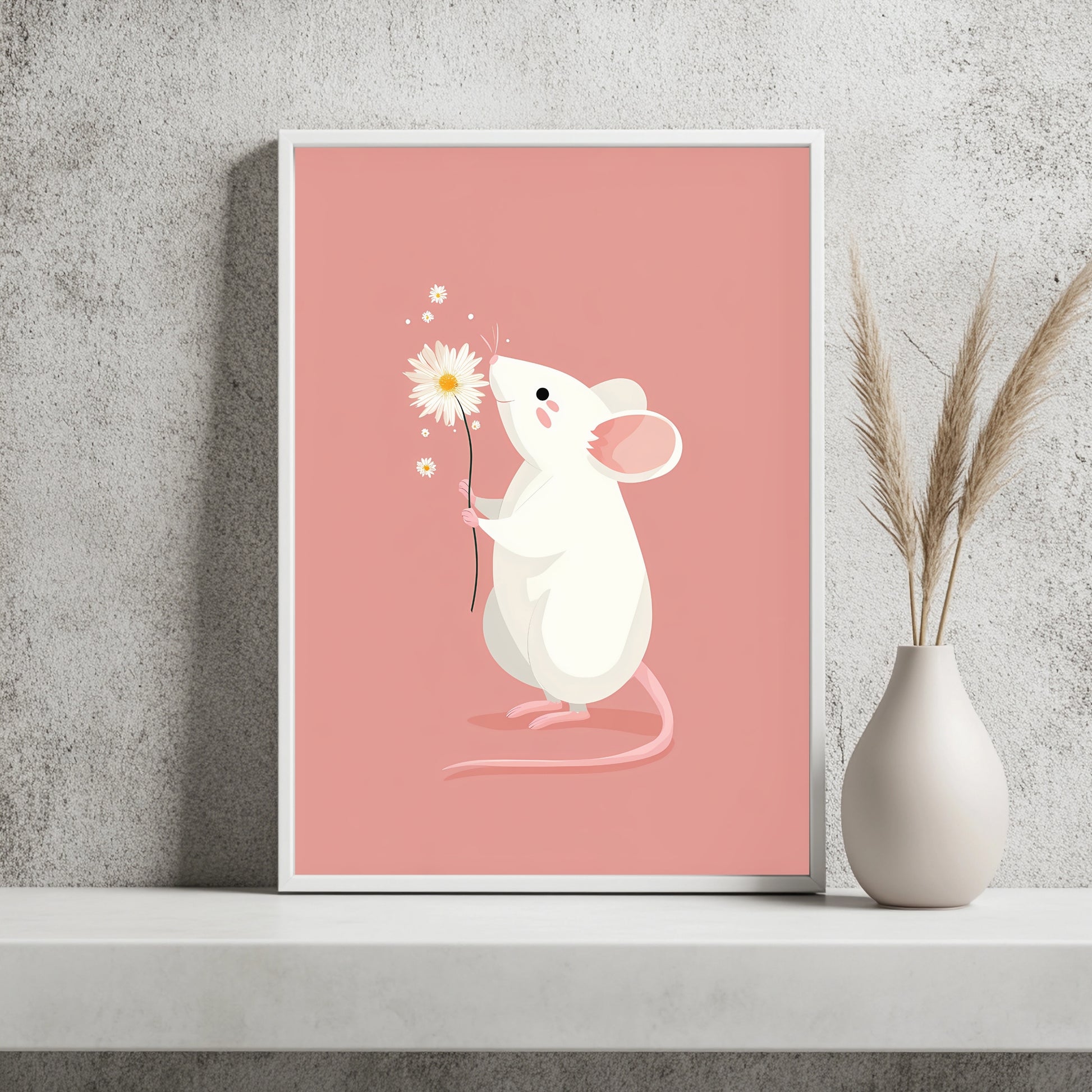 Weiße Maus mit Gänseblümchen Poster – Raumansicht 2