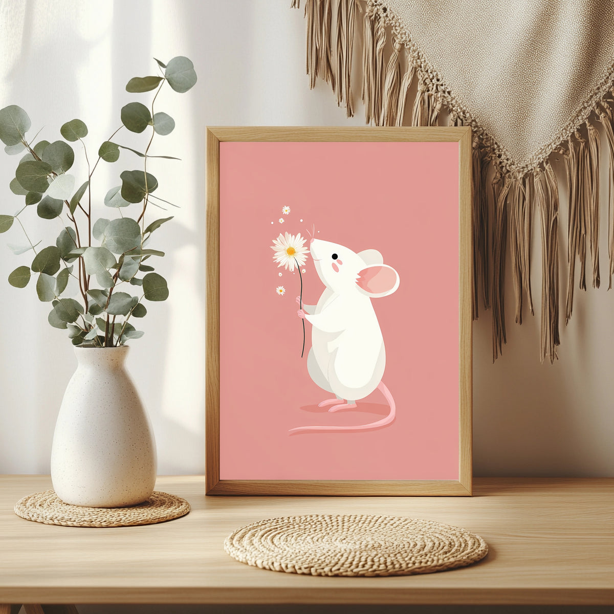 Weiße Maus mit Gänseblümchen Poster – Raumansicht 3