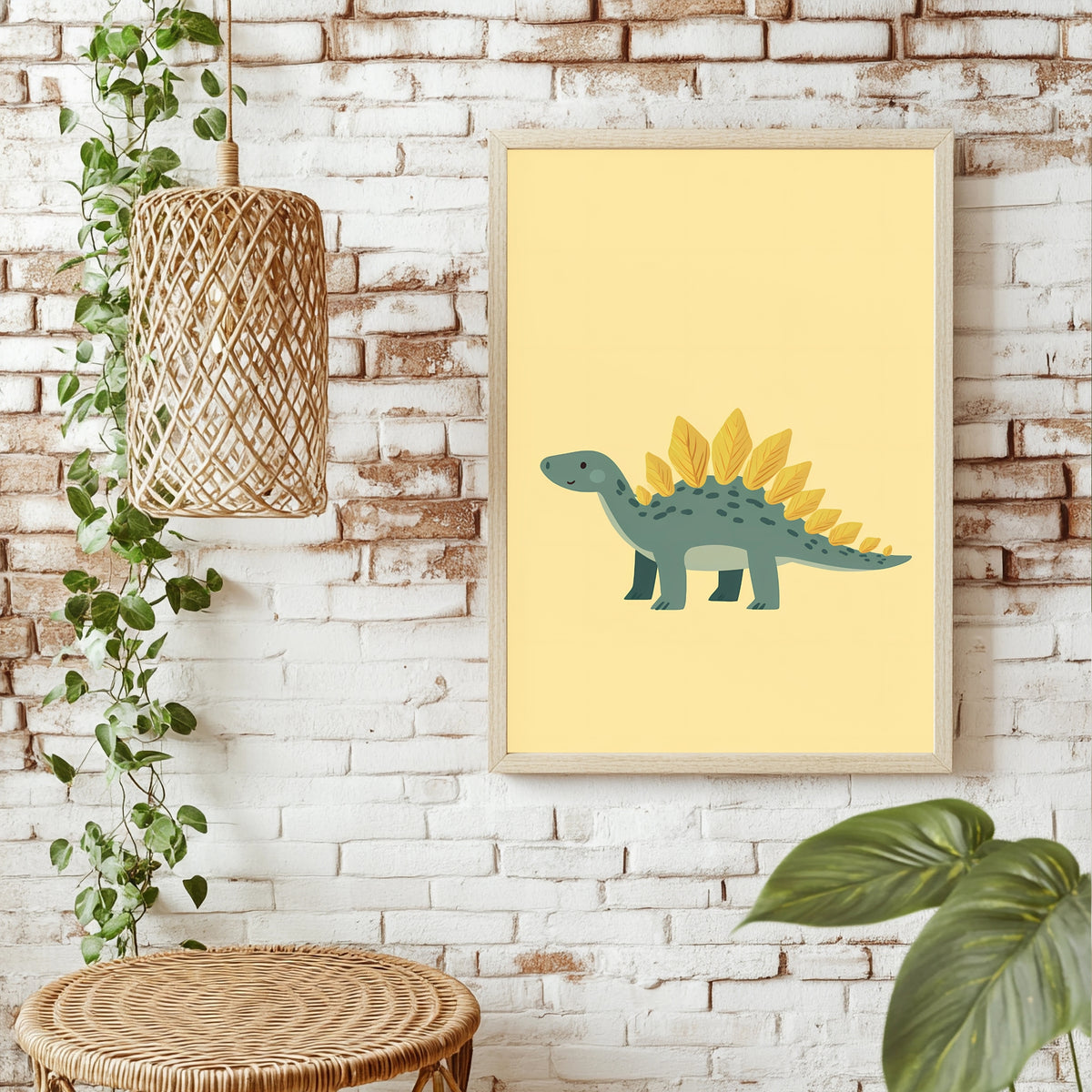 Grüner Stegosaurus auf Gelb Poster – Raumansicht 1