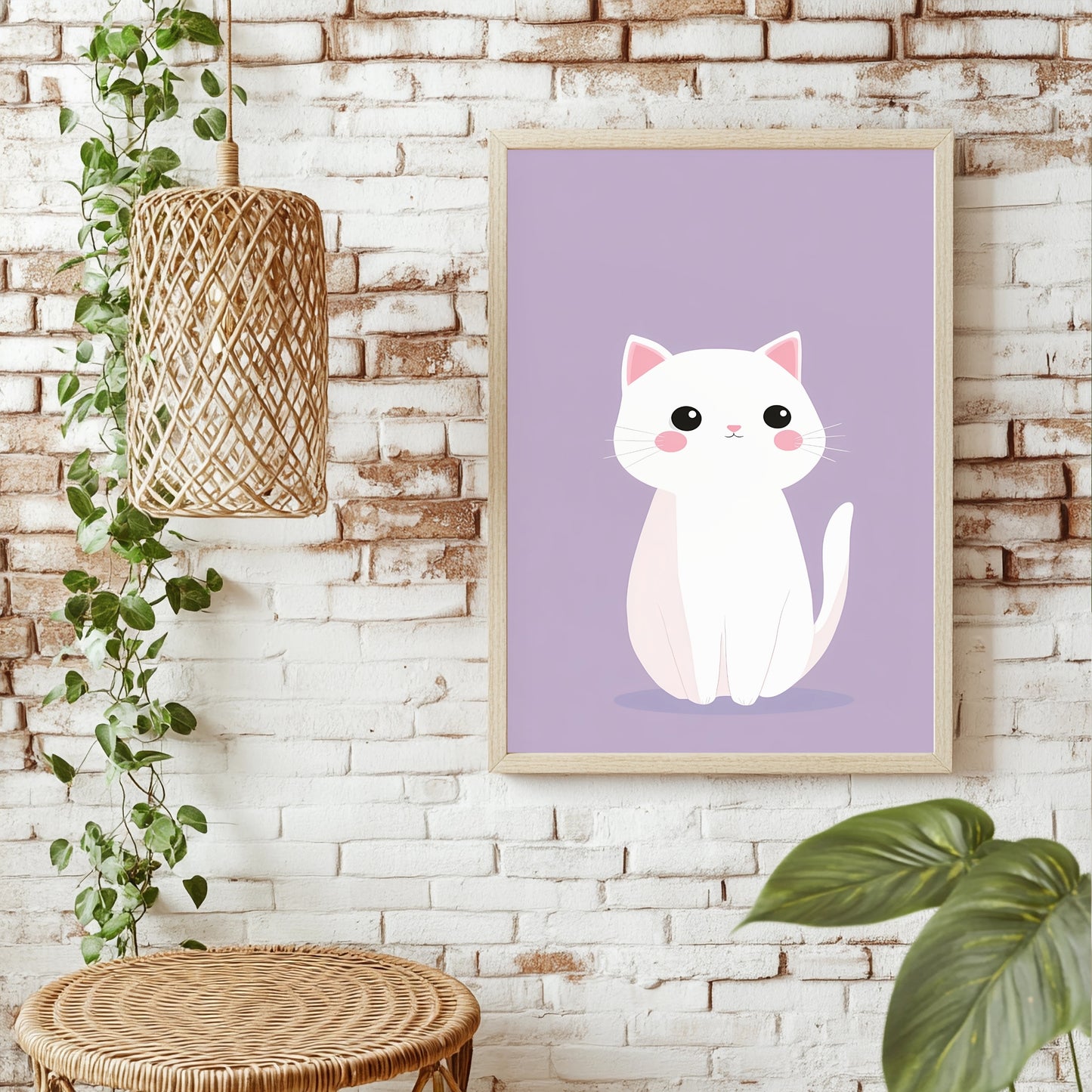 Weiße Katze auf Flieder Poster – Raumansicht 1