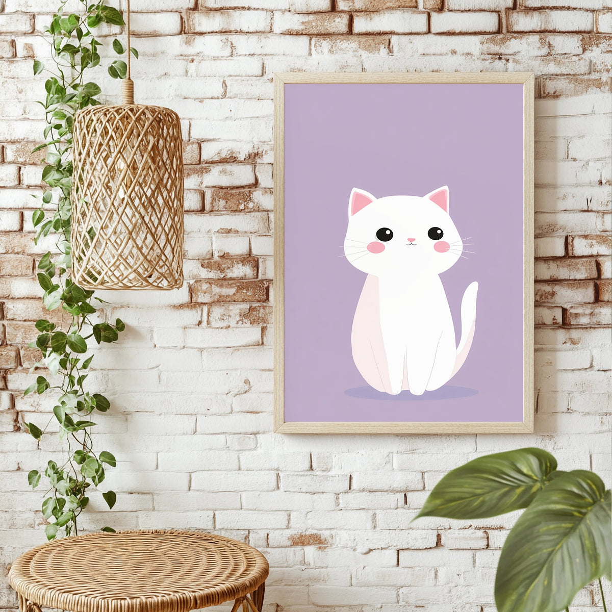Weiße Katze auf Flieder Poster – Raumansicht 1