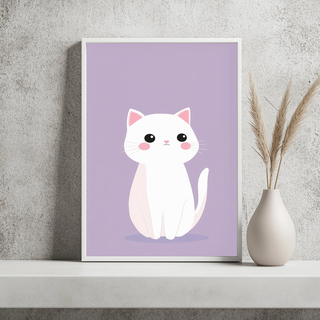 Weiße Katze auf Flieder Poster – Raumansicht 2