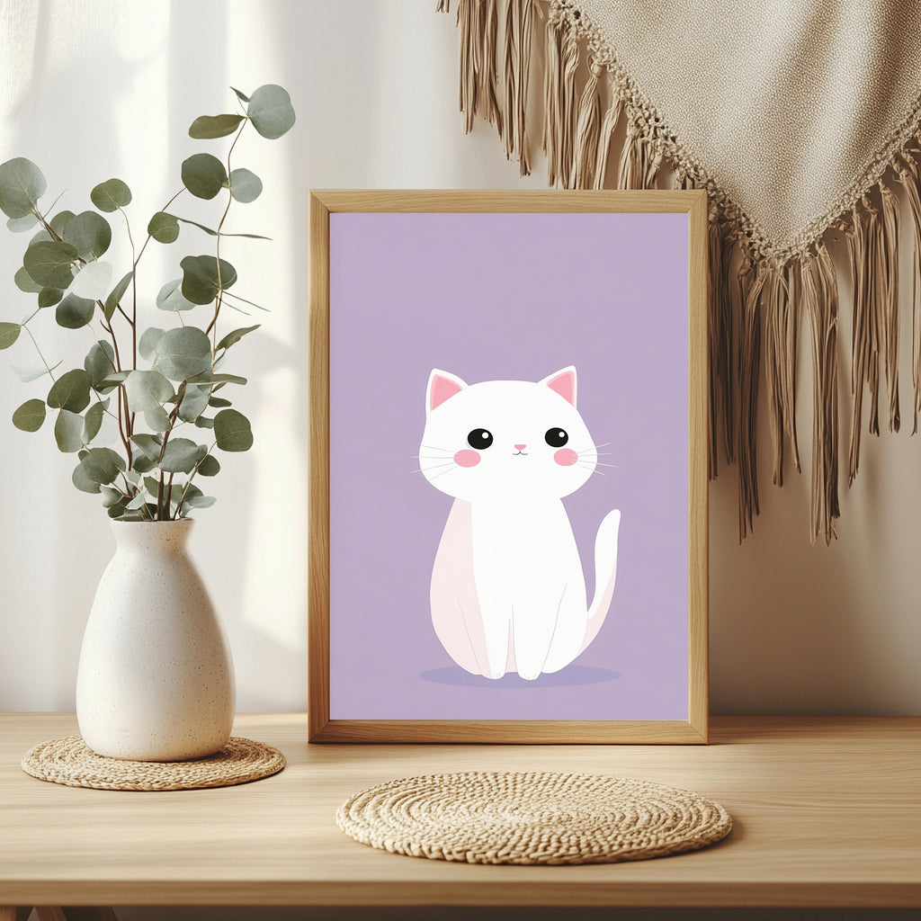 Weiße Katze auf Flieder Poster – Raumansicht 3