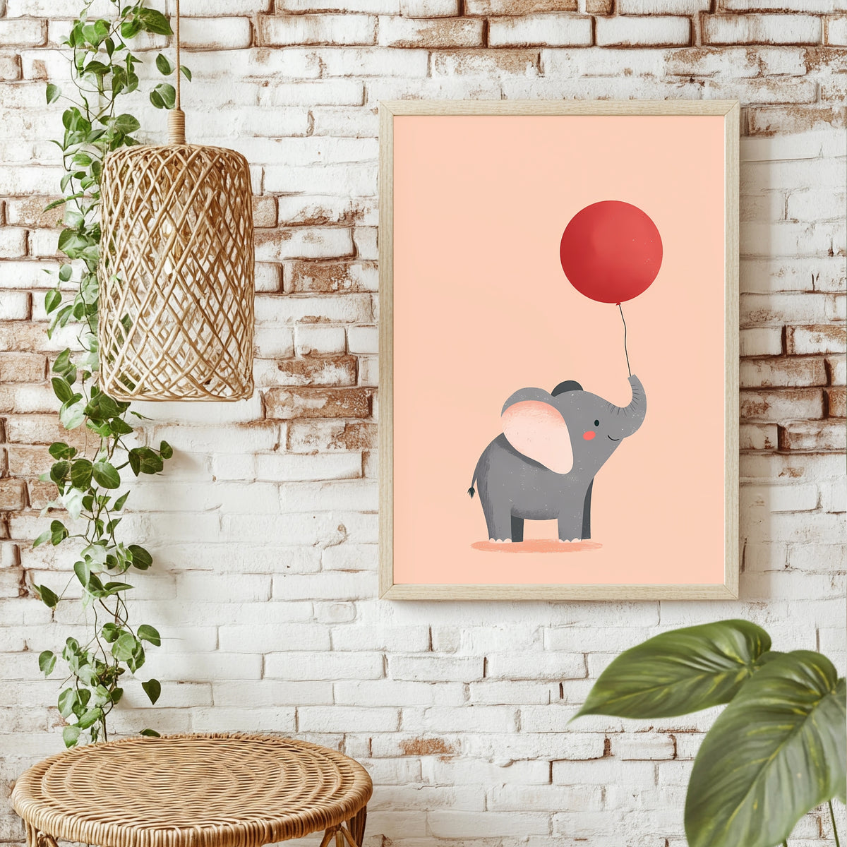 Elefant mit rotem Luftballon Poster – Raumansicht 1
