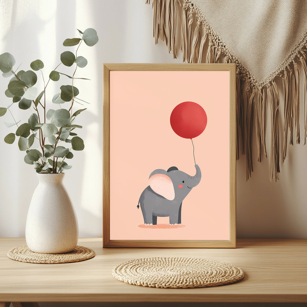 Elefant mit rotem Luftballon Poster – Raumansicht 3
