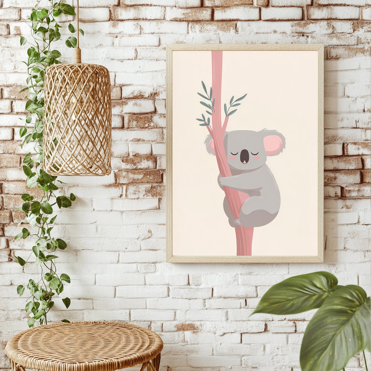 Koala am rosafarbenen Stamm Poster – Raumansicht 1
