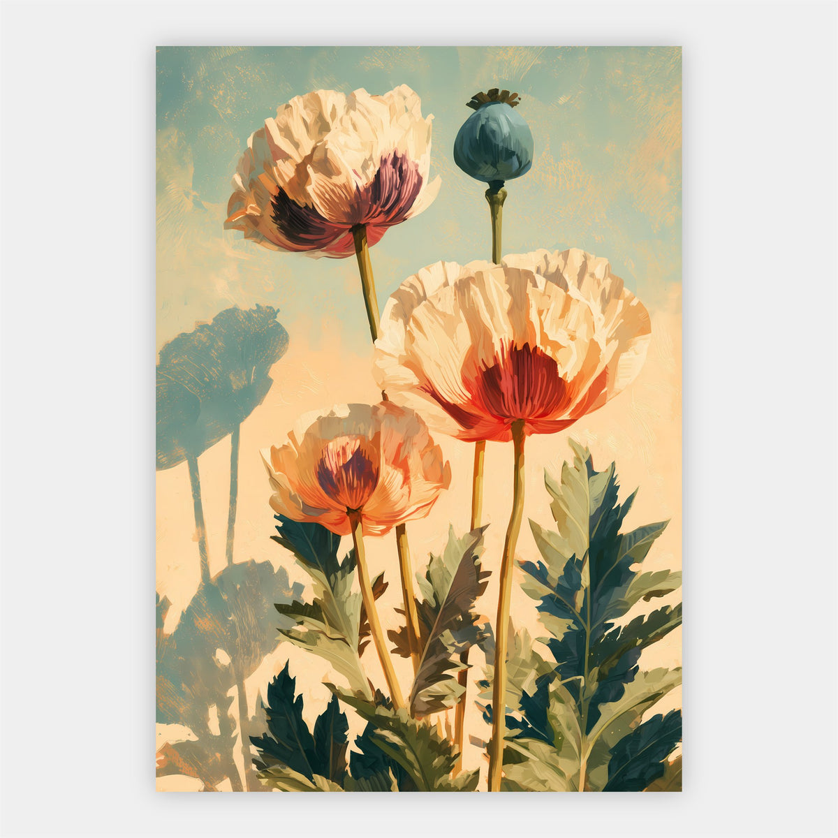 Mohnblumen und Samenkapseln Poster – Freisteller