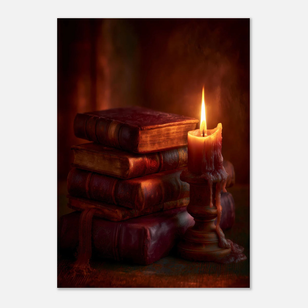 Kerze und alte Lederbücher Poster – Produktansicht 3