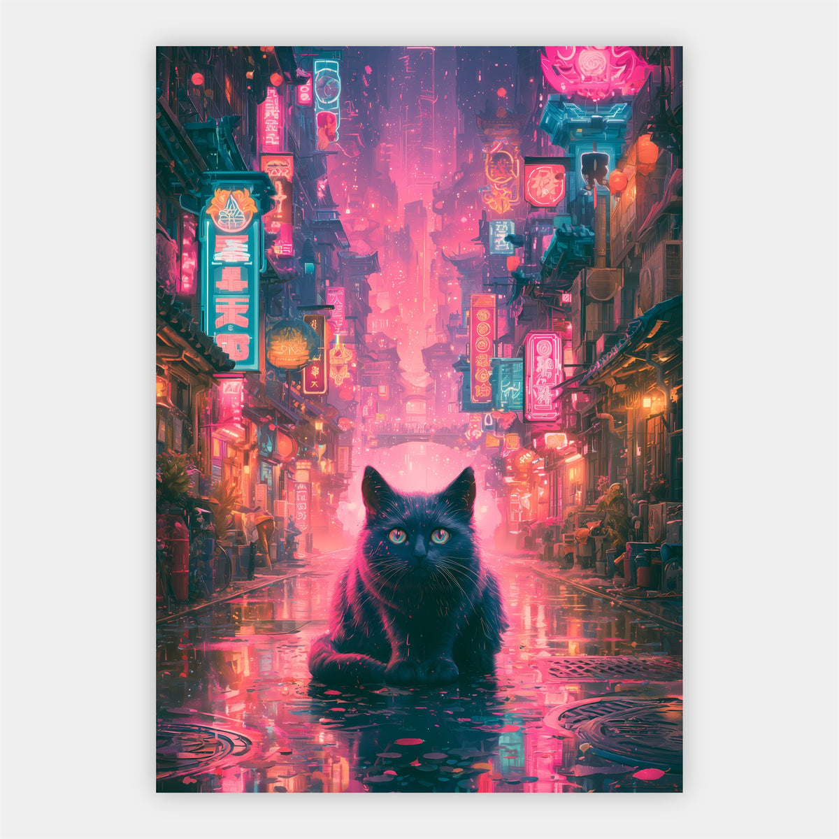 Schwarze Katze in Neonstadt Poster – Freisteller