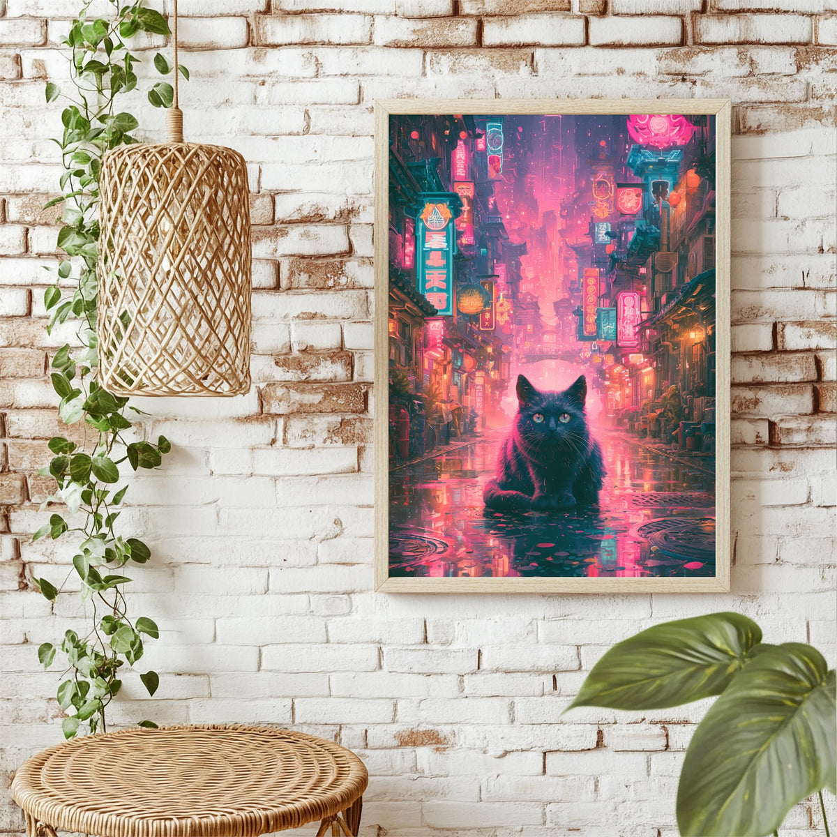 Schwarze Katze in Neonstadt Poster – Raumansicht 1