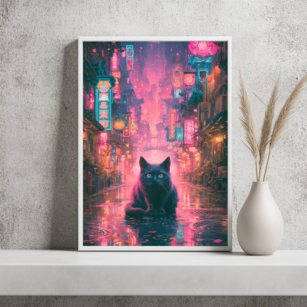 Schwarze Katze in Neonstadt Poster – Raumansicht 2