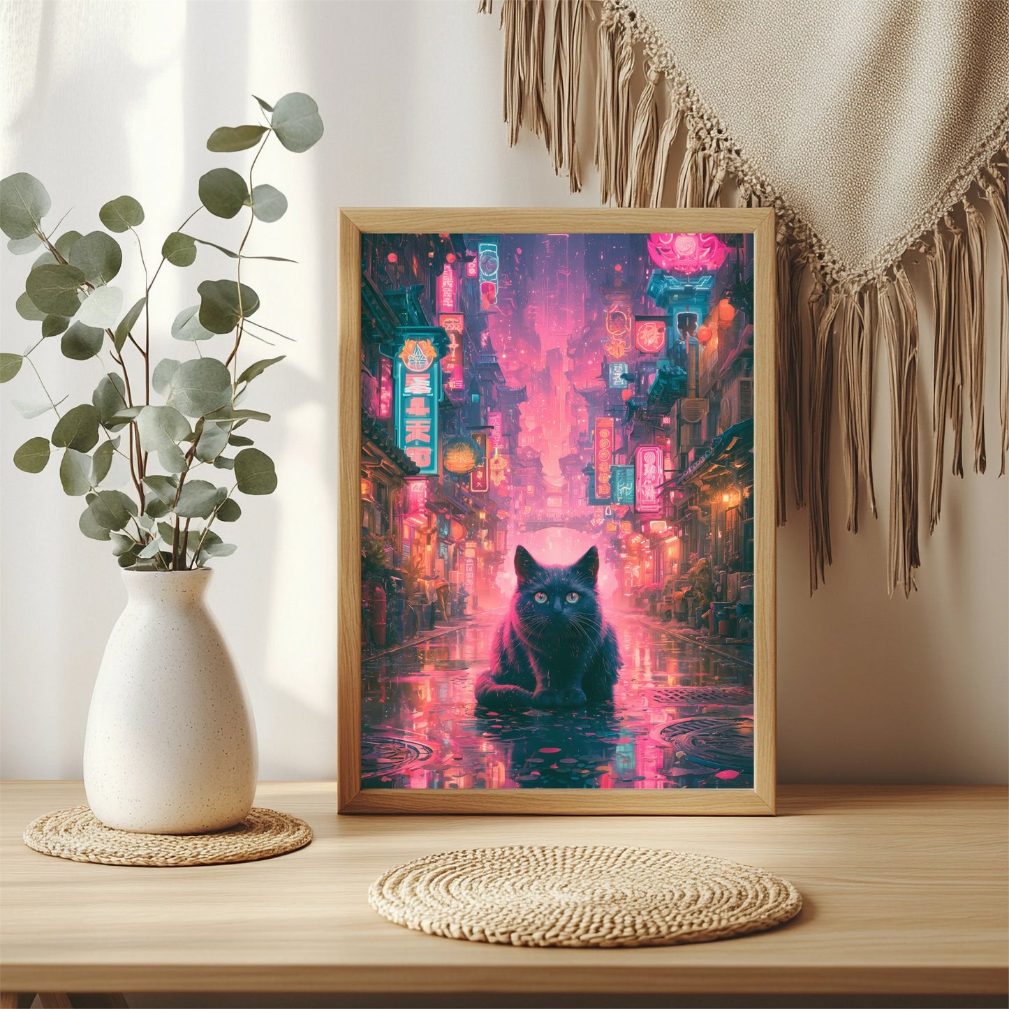 Schwarze Katze in Neonstadt Poster – Raumansicht 3