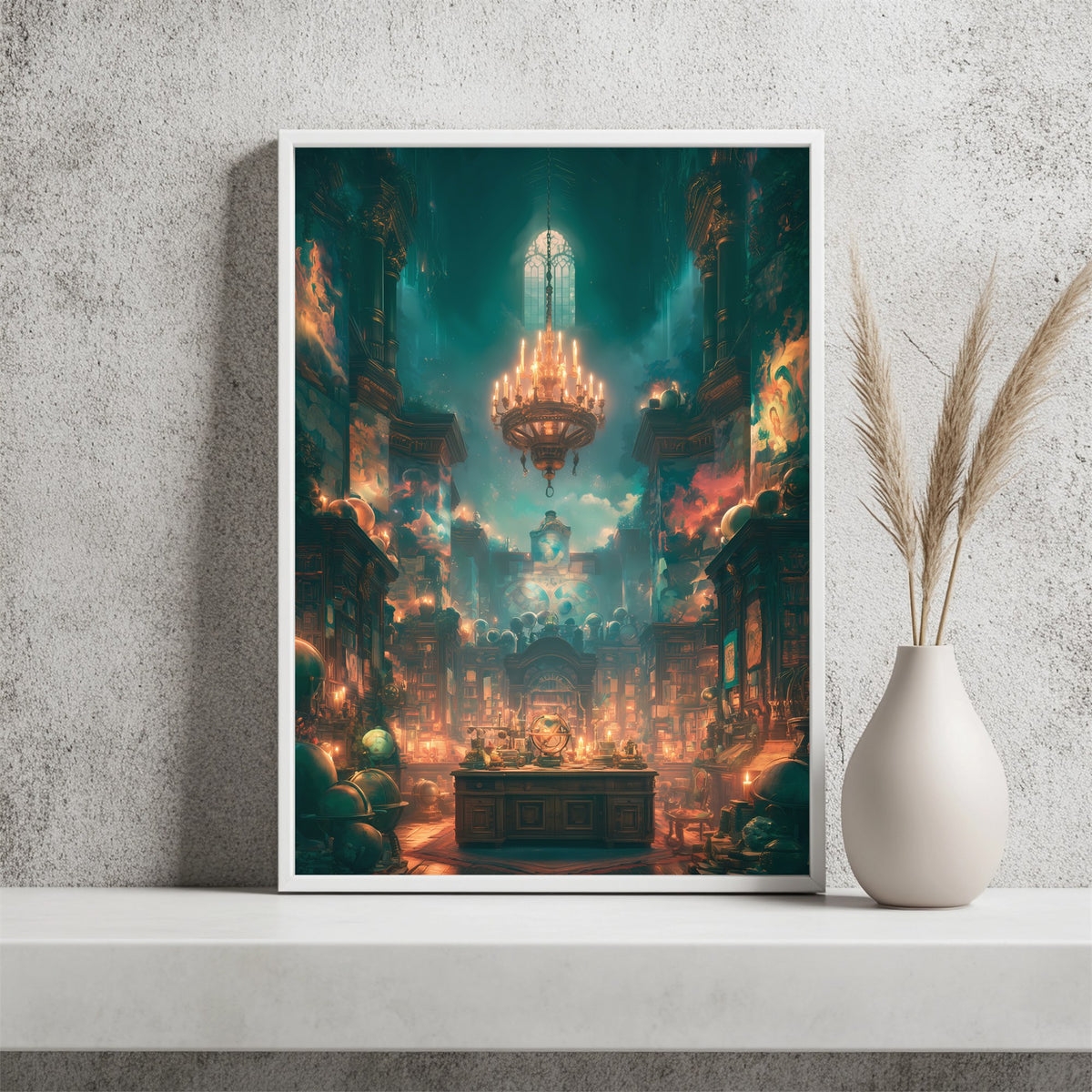 Kerzenbeleuchtete Bibliothek Poster – Raumansicht 2