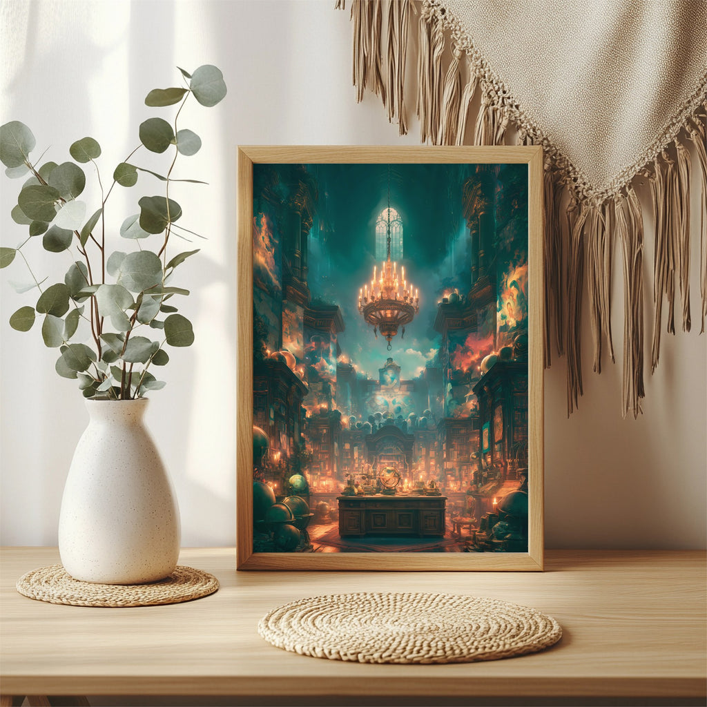 Kerzenbeleuchtete Bibliothek Poster – Raumansicht 3