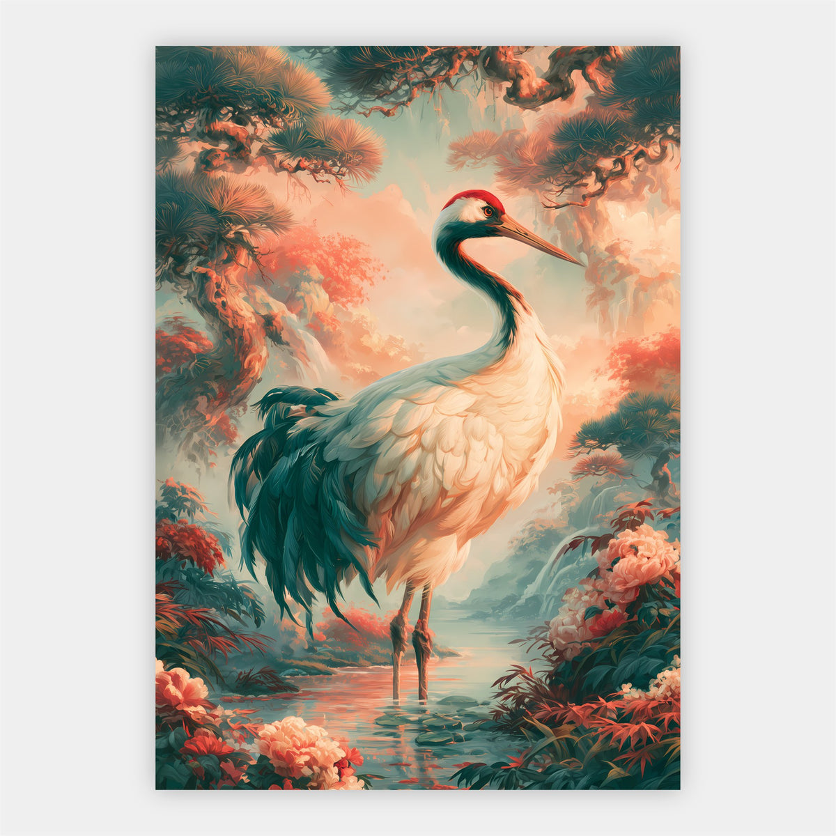 Kranich am Blütenteich Poster – Freisteller